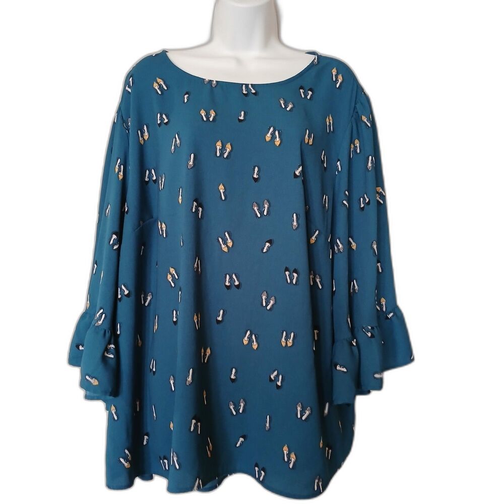 Apt 9 Women Blouse Teal Shoe Pattern 3/4 Sleeve Flare Ruffle sz 3X Casual work